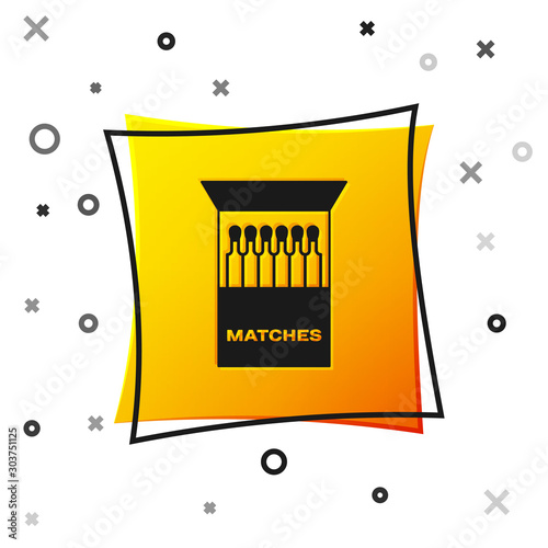 Black Open matchbox and matches icon isolated on white background. Yellow square button. Vector Illustration