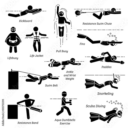 Swimmers using swimming gears, tools, and equipment for training in stick figure pictogram icons. Set of graphic illustrations depict training gears, products, and equipment for swimming activities.