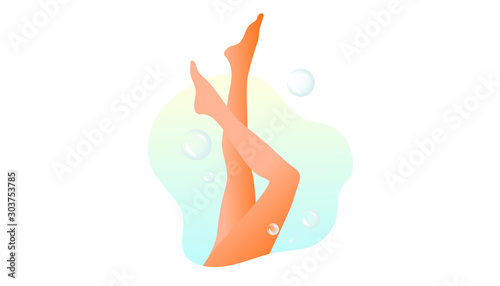 Beautiful slim healthy female legs without any varicose veins, hair or edema vector illustration. Spa, foam, relaxation.