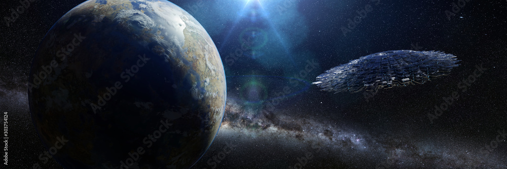 UFO, alien spaceship in outer space, flying saucer in exotic star system