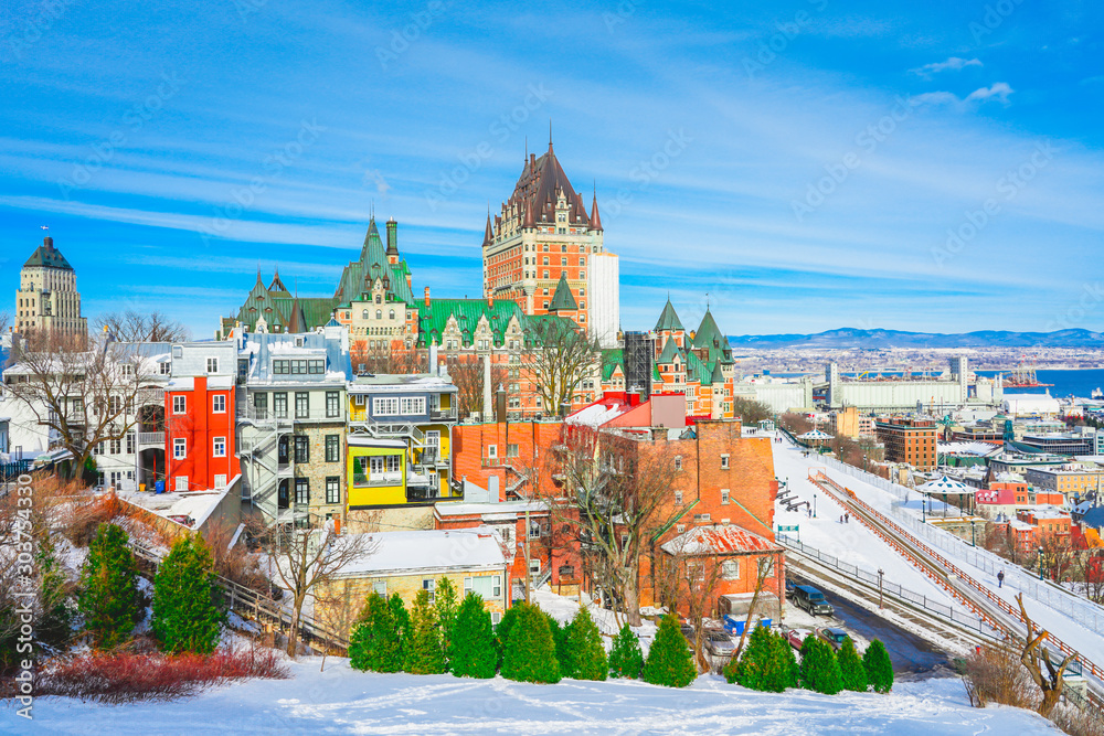 Beautiful Cityscape of Quebec City with Iconic Chateau Frontenac in Winter