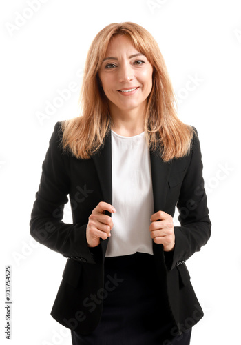 Stylish mature businesswoman on white background