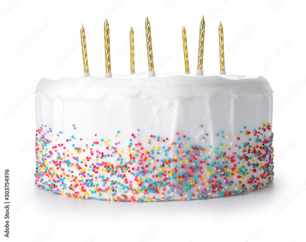 Fotografie Tasty Birthday cake on white background