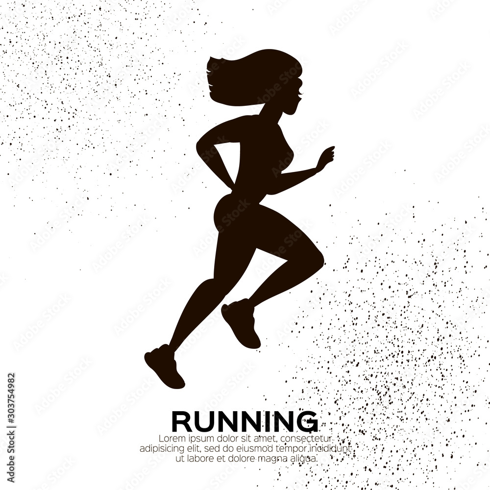 Young lady running. Happy fitness woman. Woman runner in black silhouette on white background. Jogging. Dynamic movement. Side view.