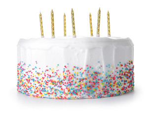 Tasty Birthday cake on white background