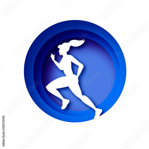 White origami young lady running. Happy fitness woman in paper cut style. Woman runner in silhouette on white background. Jogging. Dynamic movement. Side view. Dark Blue circle frame.