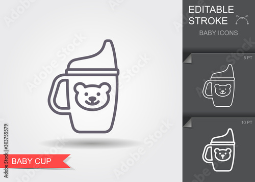 Baby cup. Line icon with editable stroke with shadow