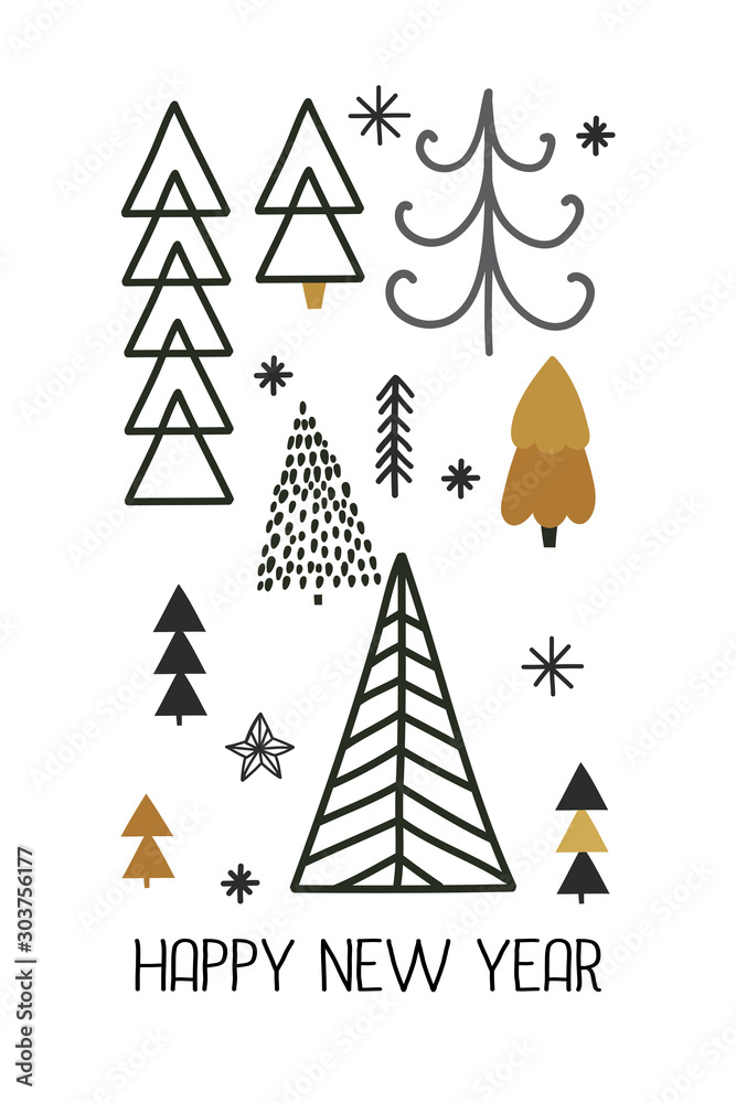 Happy New Year greeting card, Scandinavian hand drawn vector illustration Happy New Year greeting card, Scandinavian hand drawn vector illustration