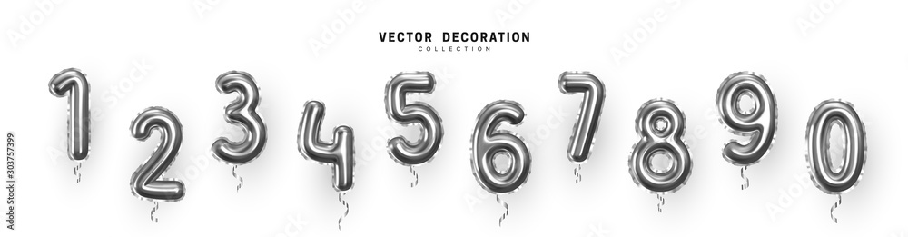 Silver Number Balloons 0 to 9. Foil and latex balloons. Helium ballons. Party, birthday, celebrate anniversary and wedding. Realistic design elements. Festive set isolated. vector illustration - obrazy, fototapety, plakaty 