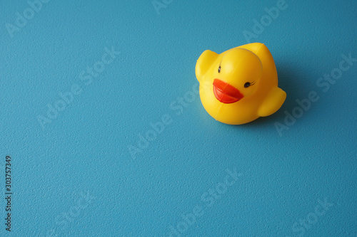 View of a yellow duck over blue background.