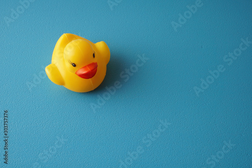 View of a yellow duck over blue background.