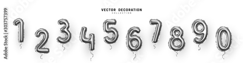 Silver Number Balloons 0 to 9. Foil and latex balloons. Helium ballons. Party, birthday, celebrate anniversary and wedding. Realistic design elements. Festive set isolated. vector illustration