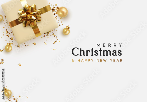 Holiday background Merry Christmas and Happy New Year. Xmas design with realistic object, beige gift box, golden ball, golden stast tinsel, glitter gold confetti. Festive banner, poster, flat top view