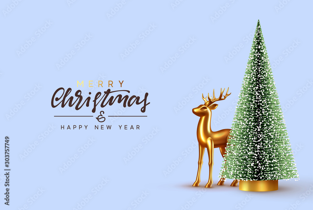 Christmas lush tree with realistic metallic gold-colored deer. Holiday Xmas background. Festive with decorative objects, pine and spruce tree, gold glass reindeer. vector illustration - obrazy, fototapety, plakaty 