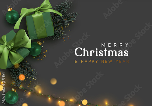 Holiday background Merry Christmas and Happy New Year. Xmas design with realistic festive objects, dark green color gift box, balls, light lamps garlands, glitter gold confetti. Festive banner, poster
