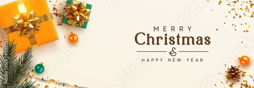 Christmas banner. Background Xmas design of sparkling lights garland, realistic gifts box, spruce branch, orange ball and glitter gold confetti. Horizontal poster, greeting cards, headers, website
