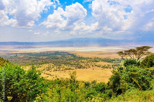 Panorama of Ngorongoro crater National Park with the Lake Magadi. Safari Tours in Savannah of Africa. Beautiful landscape scenery in Tanzania, Africa