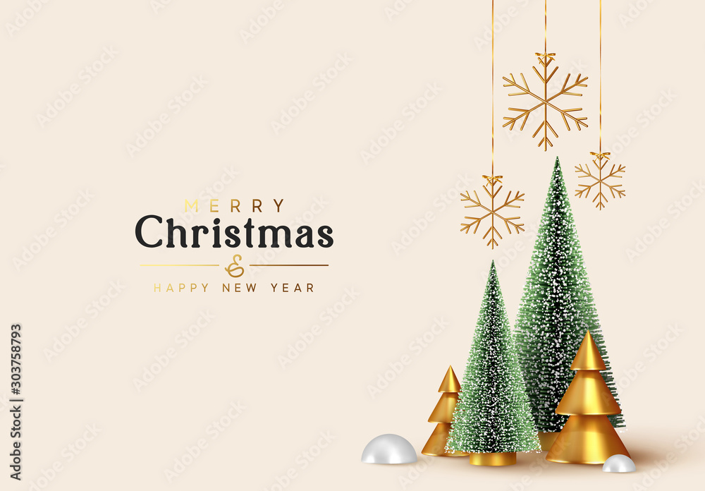 Christmas and New Year background. Xmas pine fir lush tree. Conical Abstract Gold Christmas Trees. Snowflakes hanging on ribbon. Bright Winter holiday composition. Greeting card, banner, poster