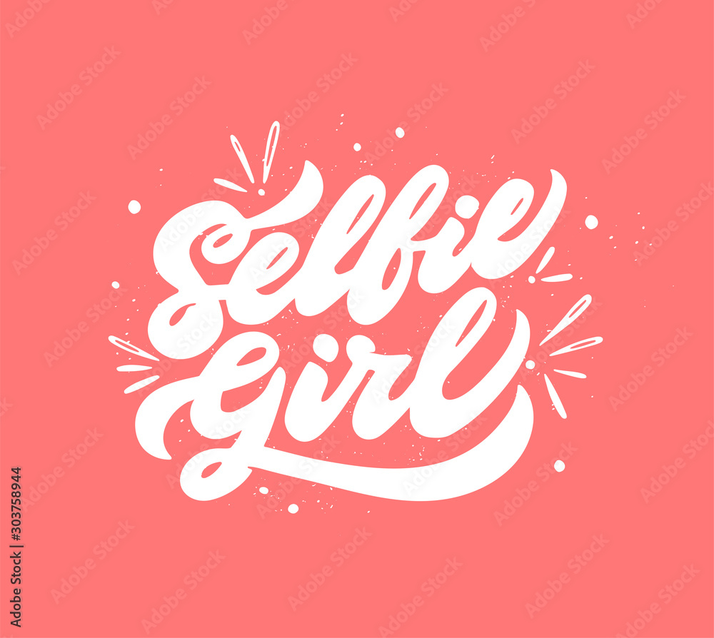 Selfie girl lettering. Girlish white calligraphic phrase isolated