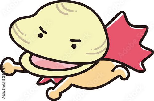 貝　キャラクター　全身　ヒーロー　飛ぶ　マント　マンガ　シンプル　可愛い　ハマグリ　あさり
