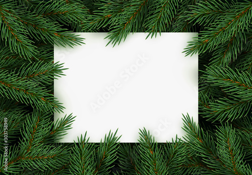 Christmas tree branches. Festive Xmas border of green branch of pine. Pattern pine branches, spruce branch. Paper sheet space for text. Realistic design decoration elements. Vector illustration