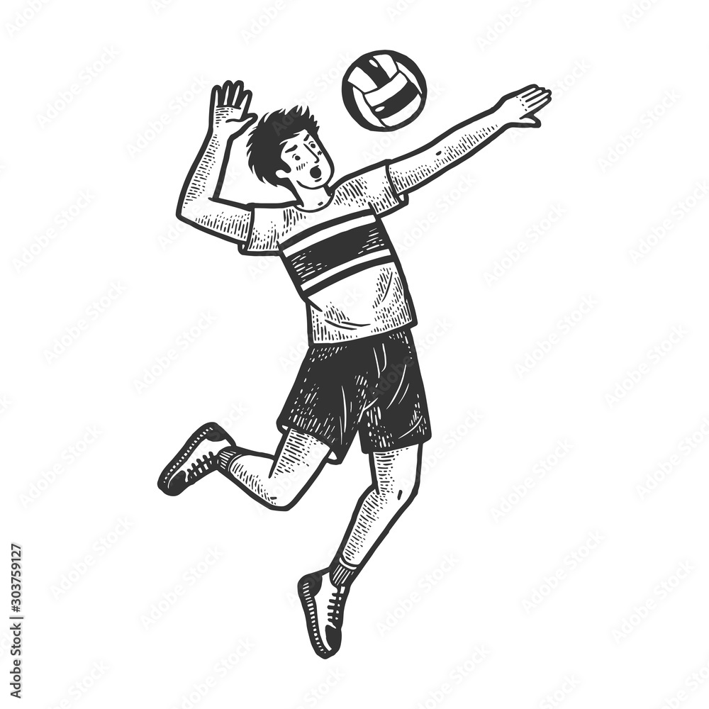 Volleyball player with ball sketch engraving vector illustration. T-shirt apparel print design. Scratch board imitation. Black and white hand drawn image. Volleyball player with ball sketch engraving vector illustration. T-shirt apparel print design. Scratch board imitation. Black and white hand drawn image.