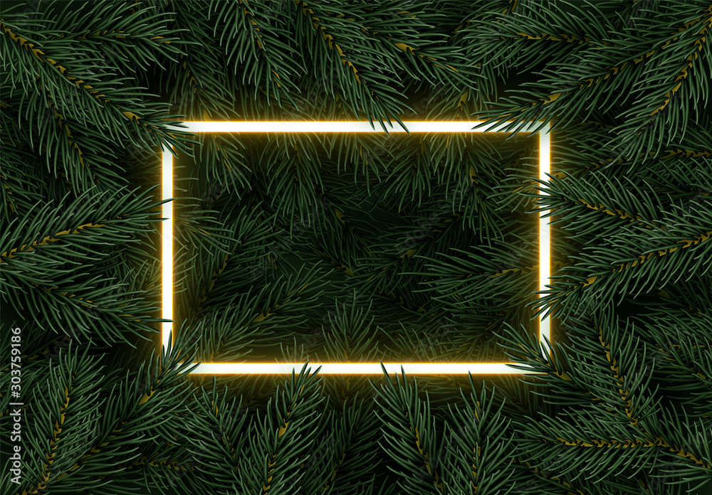 Christmas tree branches. Festive Xmas border of green branch of pine. Pattern pine branches, spruce branch. Glowing neon frame, space for text. Realistic design decoration element. Vector illustration - obrazy, fototapety, plakaty 