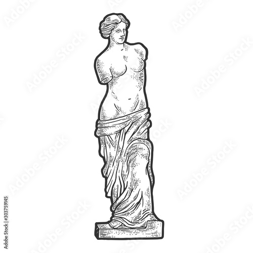 Venus de Milo ancient Greek statue sketch engraving vector illustration. T-shirt apparel print design. Scratch board imitation. Black and white hand drawn image.