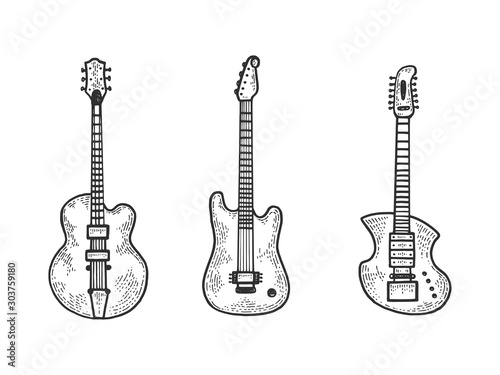 Electric guitar set sketch engraving vector illustration. T-shirt apparel print design. Scratch board style imitation. Black and white hand drawn image.