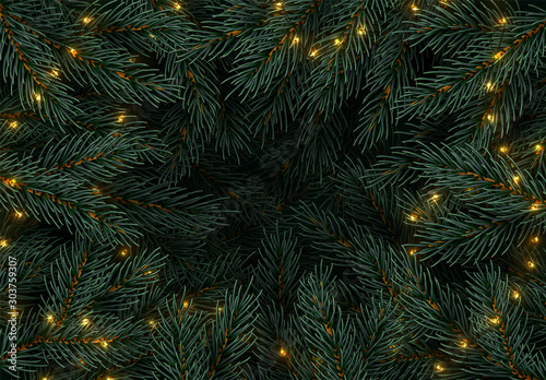 Christmas tree branches. Festive Xmas border of green branch of pine. Pattern pine branches, spruce branch. Glowing New Year golden garland, space for text. Realistic design decoration elements.