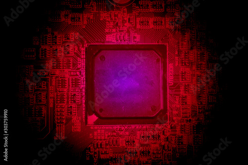 abstract technology red gradient background with chip cpu on electronic equipment and line diagram