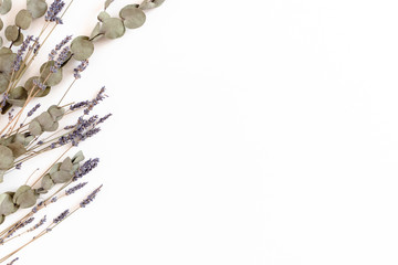 Dried lavender flowers and eucalyptus with copy space