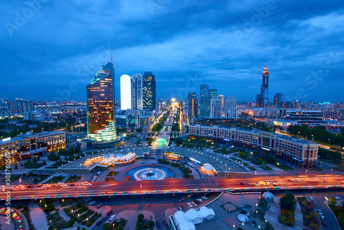 Evening view of the city of Nur Sultan. Nur-Sultan is the capital of Kazakhstan. Center of the Nur-Sultan city.