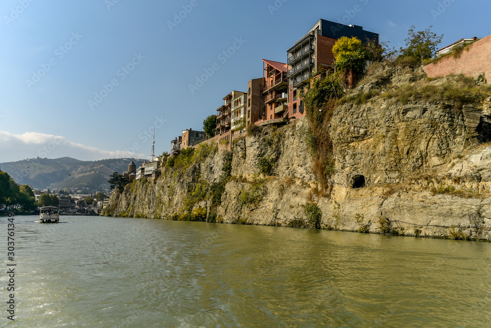 Kura River, Tbilisi city view from boat ride on the Kura River