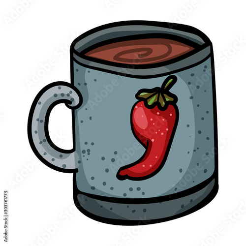 Red hot chili pepper. Mug, Hot Chocolate, Isolated doodles. Vegetarian cuisine. Botanical illustration of chili pepper. - Vector