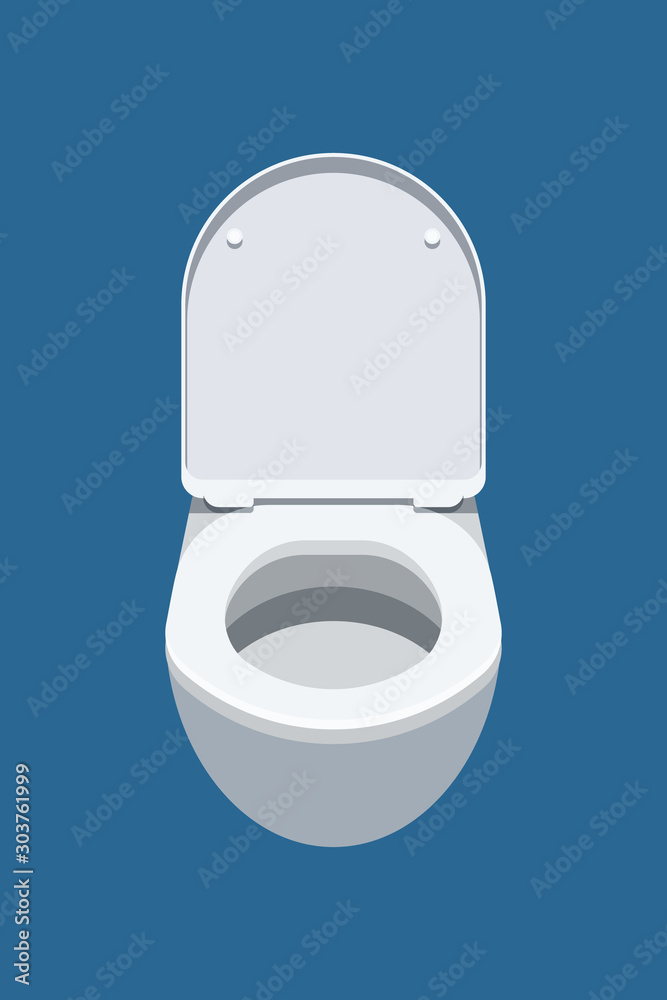 Front view of toilet bowl with open lid isolated on blue background. Vector illustration Front view of toilet bowl with open lid isolated on blue background. Vector illustration