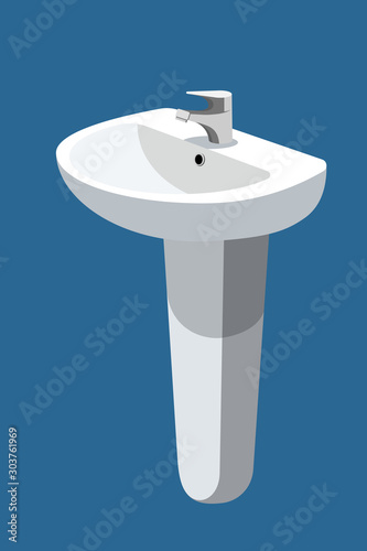 Wash basin with single handle mixer tap isolated on blue background. Vector illustration