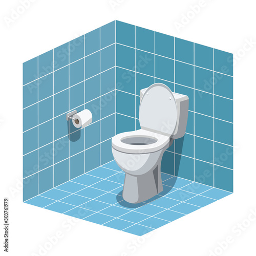 Washroom interior with toilet bowl and toilet paper. Vector illustration