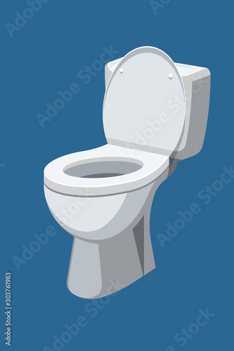 Toilet bowl with open lid isolated on blue background. Vector illustration