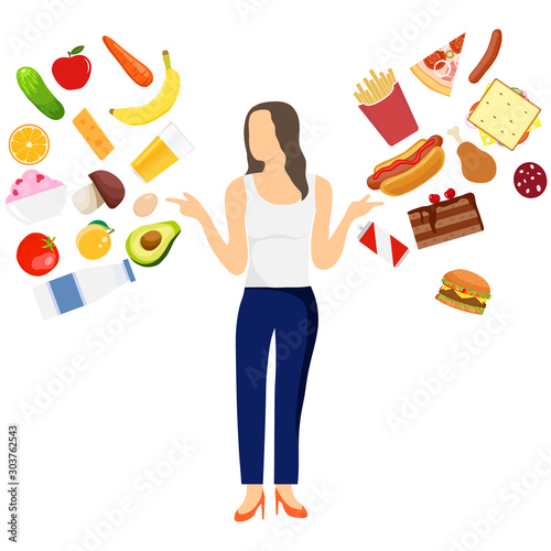 Healthy food versus fast food. A young girl chooses between wholesome and wholesome food. Vegetarianism versus meat eating. Useful against harmful food. Vector, cartoon illustration.
