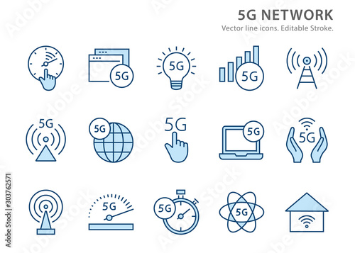 5g network flat line icon set. Vector illustration. Editable stroke.