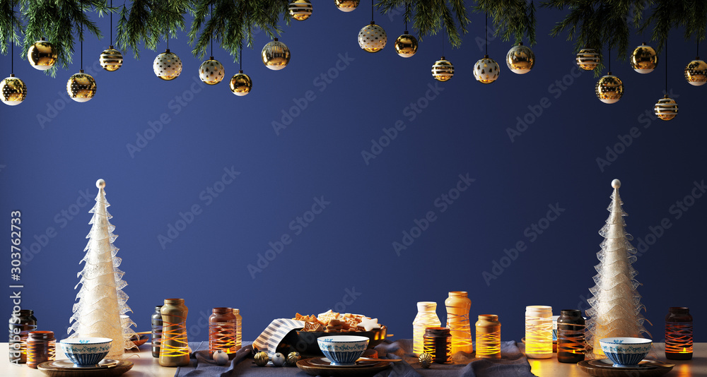 Christmas eve dinner with decorated table and hanging Xmas tree branches - obrazy, fototapety, plakaty 