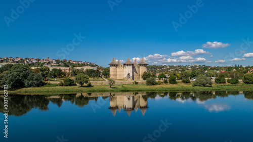 soroca fortress reflected in nistru river shot on drone, historic fort in the Republic of Moldova