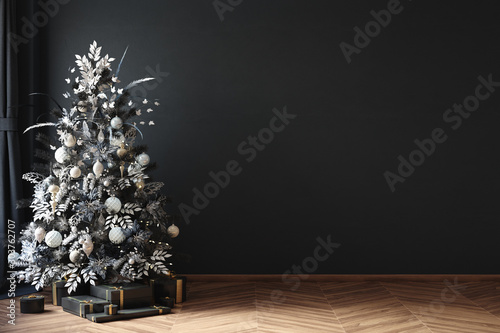 Christmas tree in black room interior, 3d render