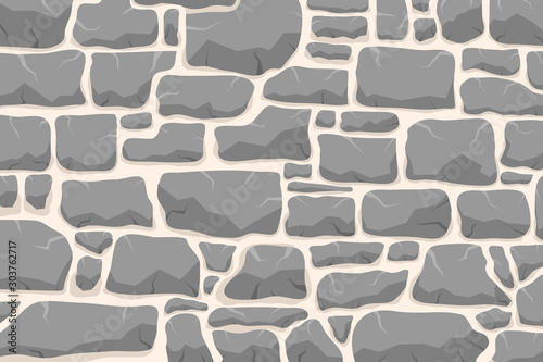 Stone work. Masonry made of old stone. Set of stones of different shapes and colors. Vector, cartoon illustration.