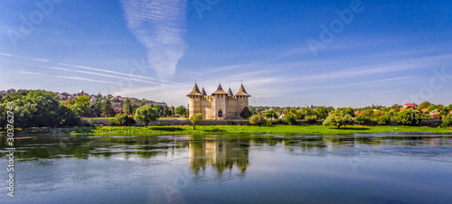 Cuadro en lienzo soroca fortress reflected in nistru river shot on drone, historic fort in the Re
