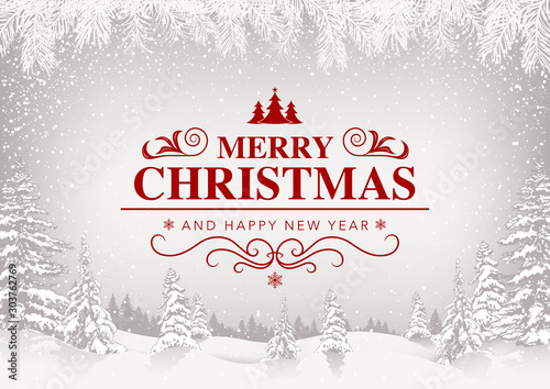 Merry Christmas Greeting Card with White Snowing Landscape and Red Lettering - Festive Illustration with Snowfall, Vector