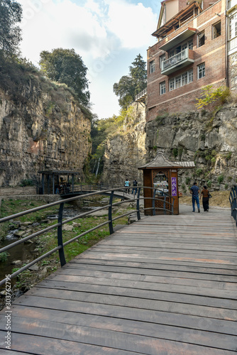 Around Sulfur baths area  colorful building and bridges in the Old Town of Tbilisi