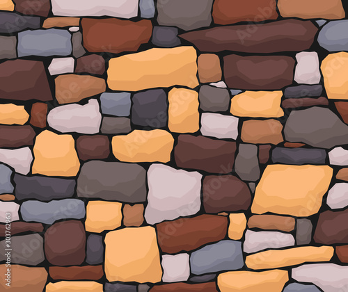 Stone work. Masonry made of old stone. Set of stones of different shapes and colors. Vector, cartoon illustration.