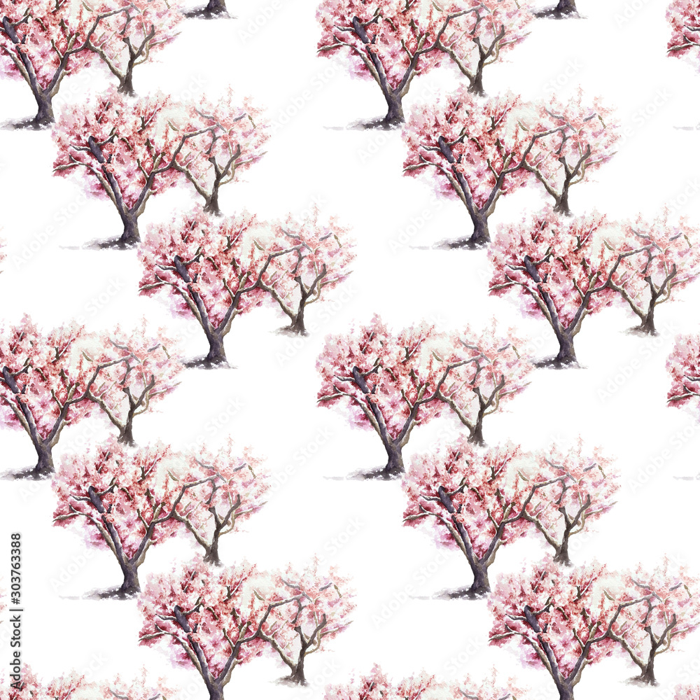 Seamless pattern watercolor series of blooming pink sakura trees Seamless pattern watercolor series of blooming pink sakura trees